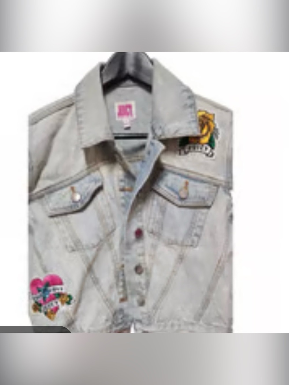 Juicy Couture y2k Light Wash Denim Jacket with Floral & Heart Patches